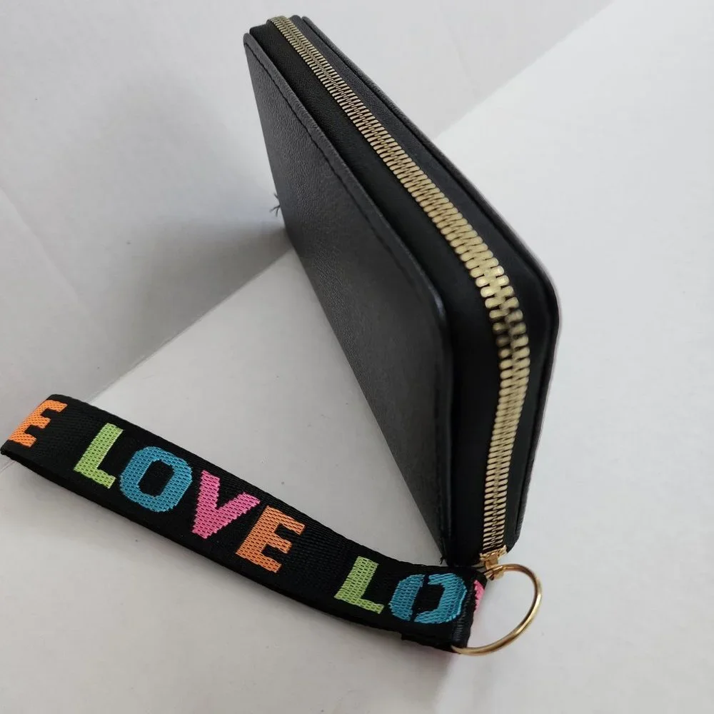 Black Pebble Leather Zip Around Wristlet Wallet with Colorful 